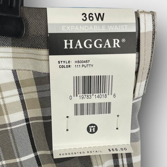 HAGGAR Cool 18 Pro Plaid Golf Shorts 36W Putty Expandable Waist UV Quick-Dry NWT - Picture 4 of 10
